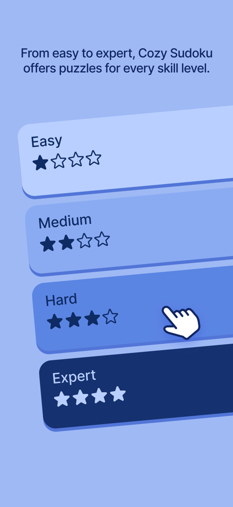 Cozy Sudoku - Menú de selección de niveles de dificultad de Cozy Sudoku mostrando puzles fáciles, medios, difíciles y expertos