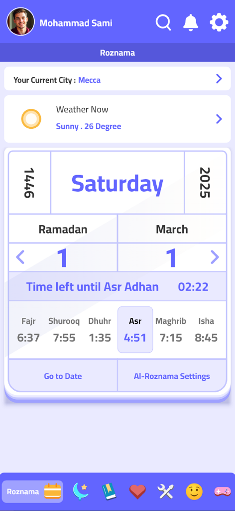 Al-Roznama app home screen showing the calendar and prayer schedule.