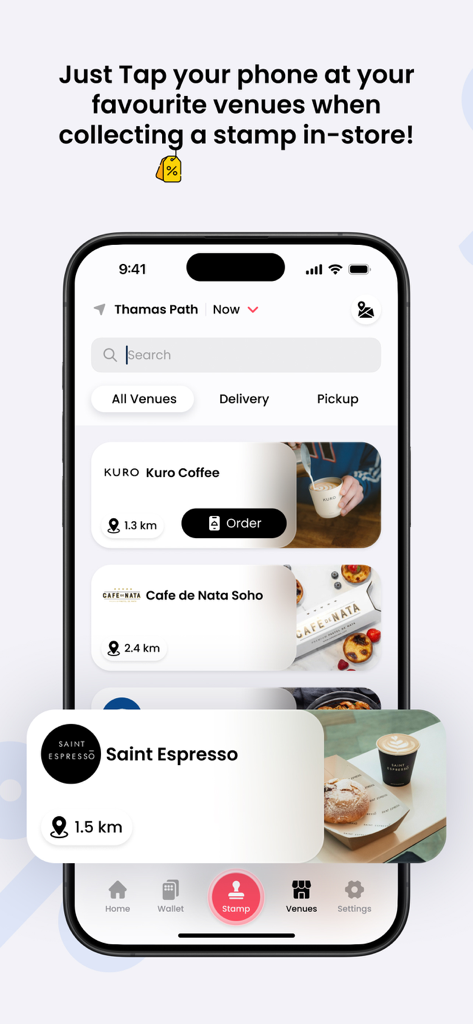 Interfaccia dell'app Embargo Wallet che mostra un elenco di caffetterie specializzate e panetterie locali per la raccolta di timbri digitali
