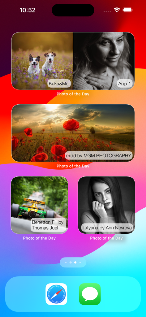 Photo Of The Day Widget - Pantalla de inicio del iPhone mostrando varios widgets de Foto del Día con diferentes imágenes artísticas