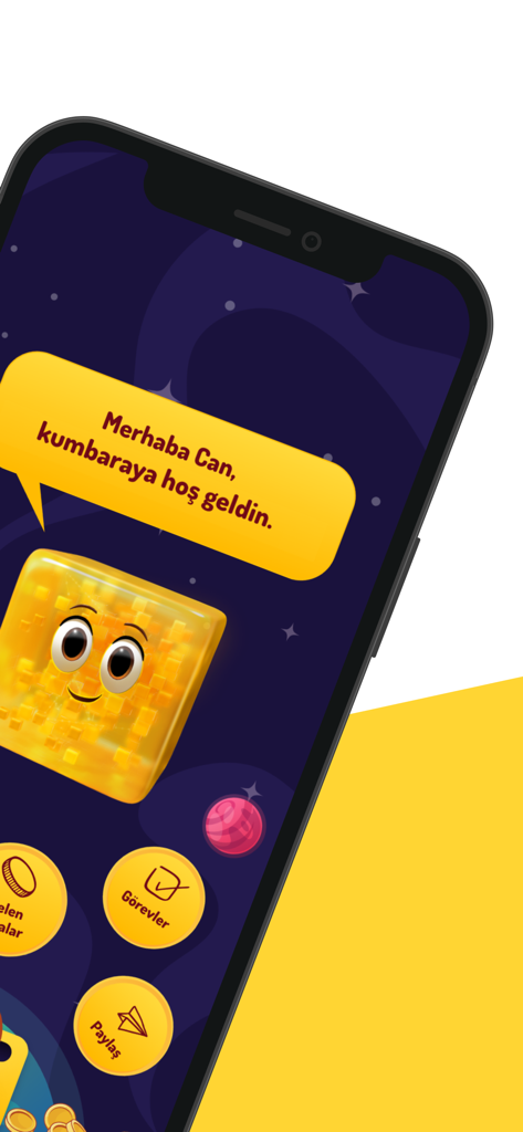 Vibox - La pantalla de bienvenida de la aplicación de finanzas para niños Vibox con un personaje de cubo amarillo e iconos de tareas.