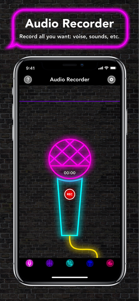 Pantalla de la aplicación Ringtone Maker mostrando la función de grabadora de audio con un ícono de micrófono de neón sobre un fondo de ladrillos