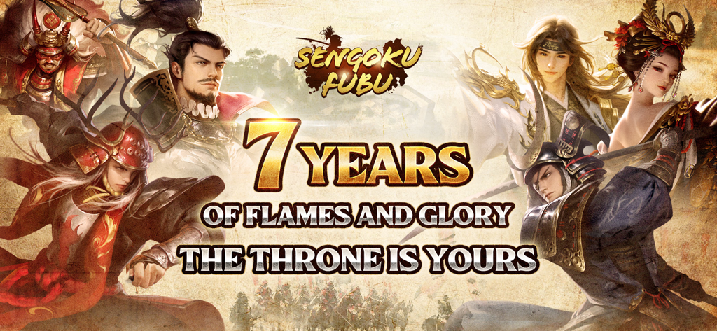 Promotional banner for Sengoku Fubu celebrating seven years with historical Japanese characters and samurai