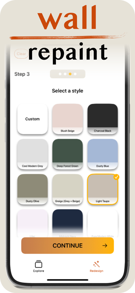 Home Design AI: Renova AI - Renova AI mobile app interface showing a selection of wall paint colors for home renovation