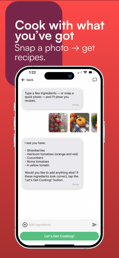 Rosey – Easy Dinner Ideas - Rosey app interface showing ingredient identification from photos for quick recipe suggestions