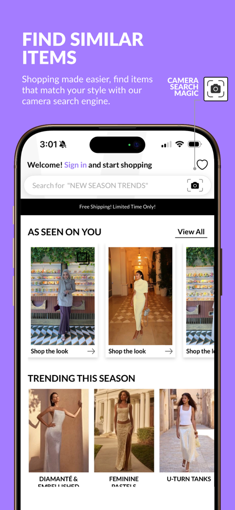 VogaCloset app interface showing visual camera search magic and trending fashion styles