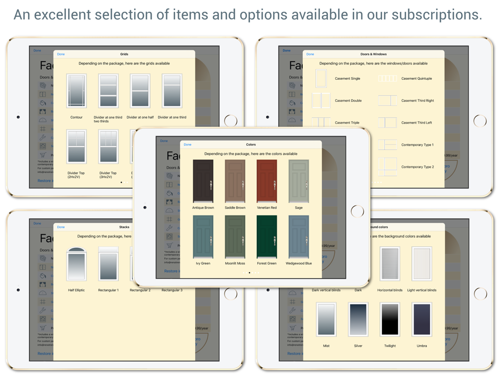 Façade Studio - Several iPad screens displaying home exterior design options including window grids, door colors, and window styles from the Façade Studio app.