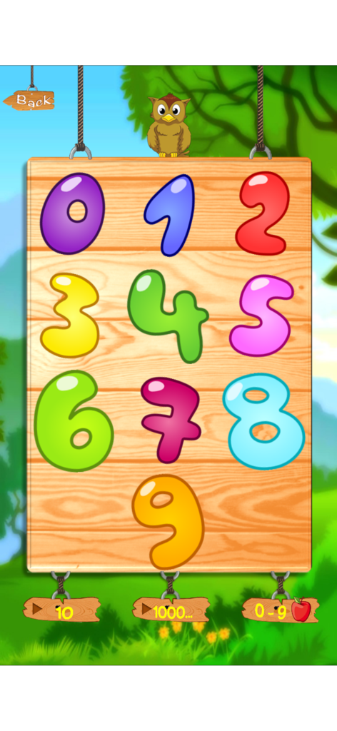 Colorful number board from zero to nine with an owl character in the 123 Learn to Write Number Game app