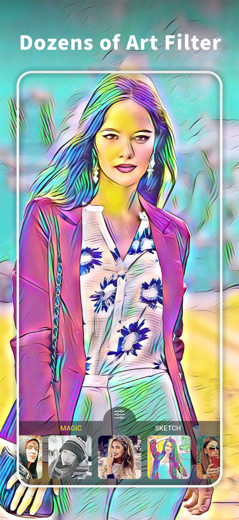 ArtistA: Cartoon Photo Editor - Interfaz de la app ArtistA mostrando un retrato con un filtro artístico colorido aplicado