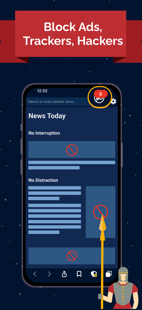 Screenshot dell'app VPN UK che mostra la funzione ad blocker su un sito web di notizie con un personaggio soldato in stile cartone animato.