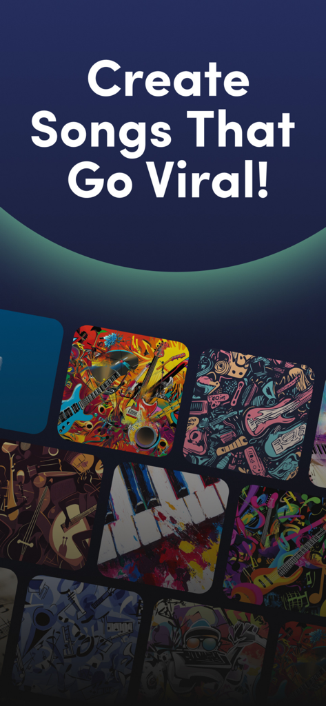 Pantalla de promoción de la aplicación Harmo AI con baldosas musicales artísticas y el lema Crea Canciones que se Vuelvan Virales