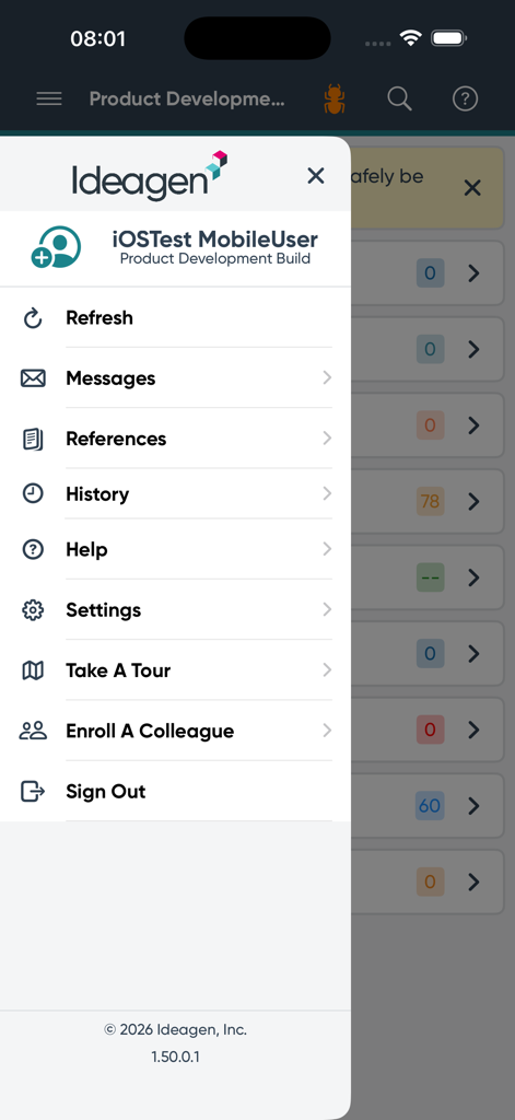 Ideagen EHSQ Enterprise - Main navigation menu of the Ideagen EHSQ Enterprise mobile app showing options for messages history and settings