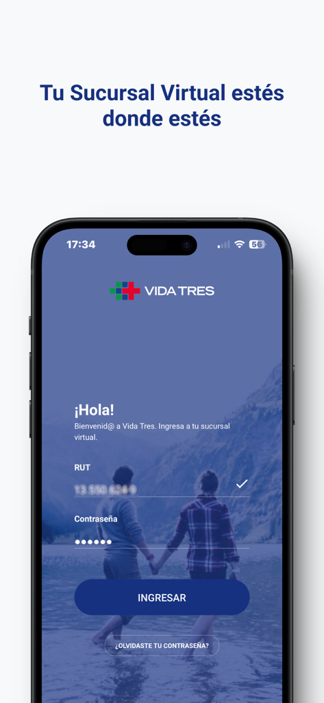 Pantalla de inicio de sesión de la aplicación móvil de seguro médico Vida Tres