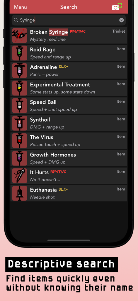 Guide+ for Binding of Isaac - Screenshot of the Guide plus for Binding of Isaac app showing a list of syringe items found using descriptive search.