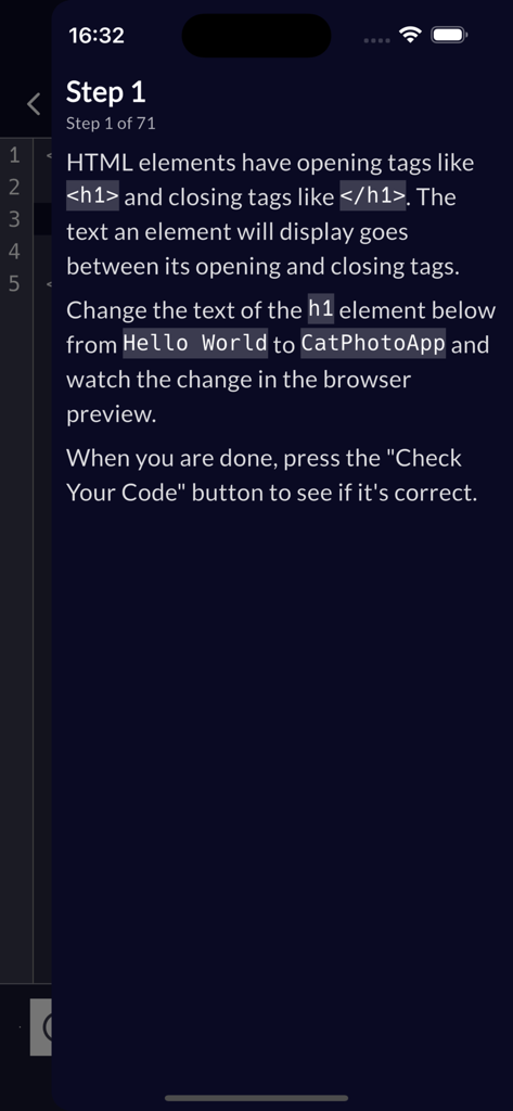 freeCodeCamp - freeCodeCamp mobile app interface showing an introductory HTML coding lesson about tags and text changes