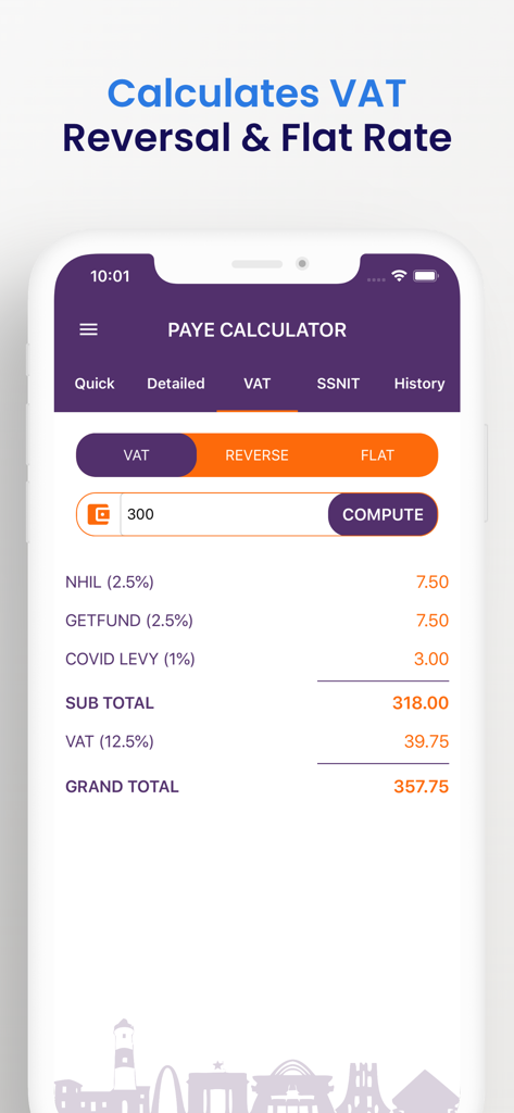Ghana PAYE SSNIT Calculator app interface displaying VAT reversal and flat rate calculation breakdown