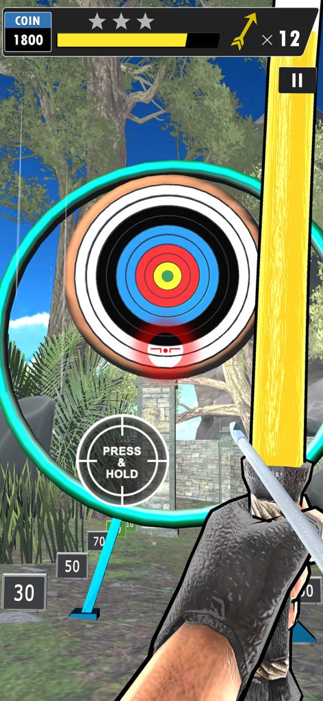 First person perspective of aiming a yellow bow at a target in a 3D archery game