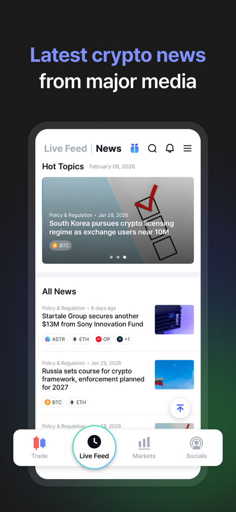코인니스 라이브 앱 화면에 최신 암호화폐 뉴스 및 인기 시장 주제 표시