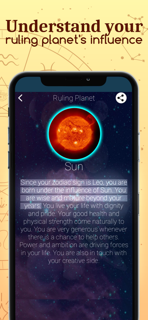 Daily Horoscope Star Astrology app screen showing the ruling planet Sun for the zodiac sign Leo with descriptive personality traits.