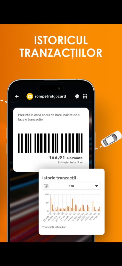 Rompetrol Go app showing a loyalty card barcode with earned points and a transaction history chart