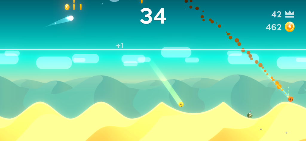 Gameplay of Dune showing a ball jumping high above the score line over desert dunes