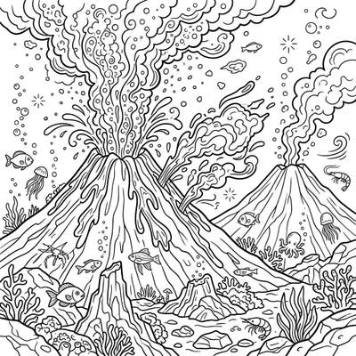 Explore the hidden power of the ocean with this detailed submarine volcanoes coloring page, showcasing majestic underwater eruptions and vibrant marine life. This captivating design invites you to bring the dramatic depths to life with your own palette.