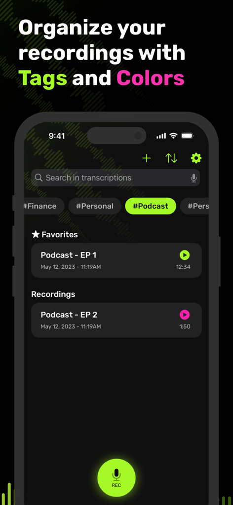 VoiceRec: AI Vocal Recorder - Organizing voice recordings with color coded tags in the VoiceRec app interface