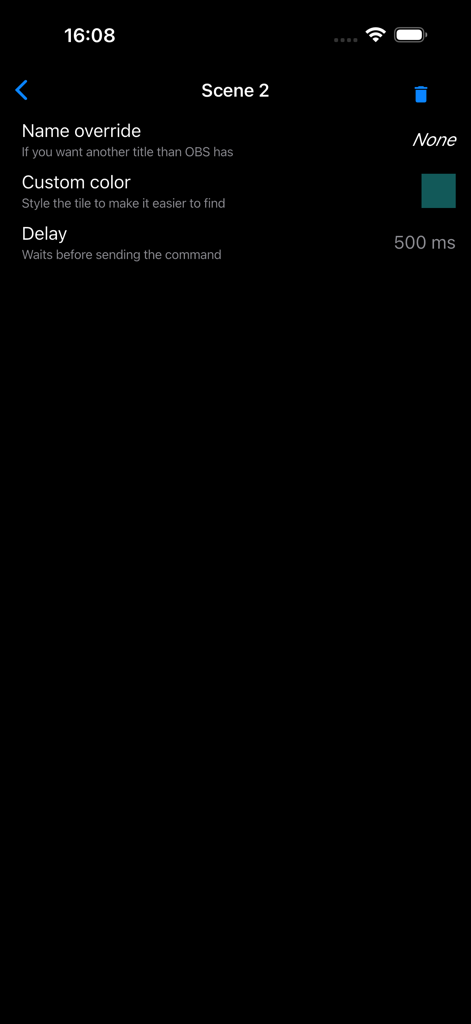 Configurazione della scena e impostazioni di ritardo dell'app OBS Controller
