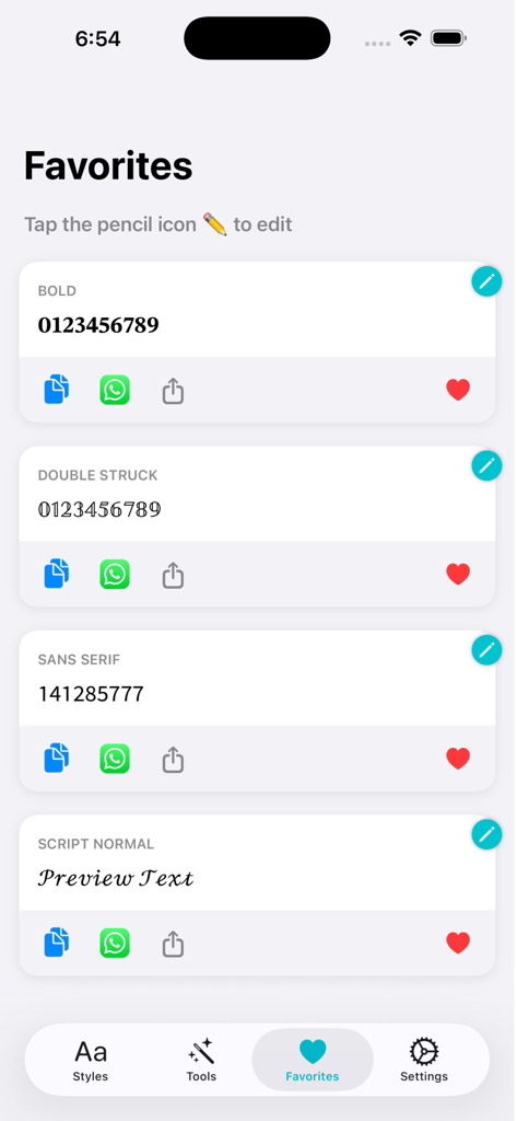 Stylish Text: Fonts & Art - A tela de favoritos do aplicativo Texto Estiloso mostrando diferentes estilos de fonte salvos como negrito e script
