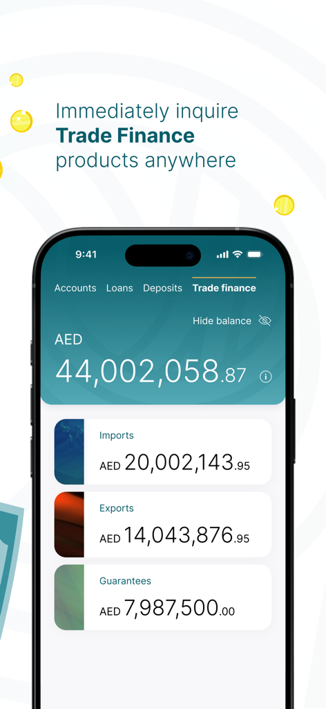 AAIB Business mobile app interface showing trade finance details including imports exports and guarantees balances in AED