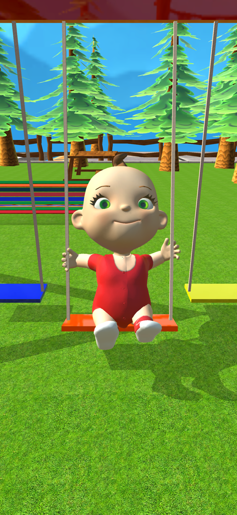 My Baby Babsy - Playground Fun - Baby Babsy sitting on an orange swing in a virtual outdoor playground with green grass and pine trees.