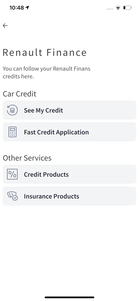 Interface of the Renault PORT app showing the Renault Finance section with options for car credit applications and insurance products