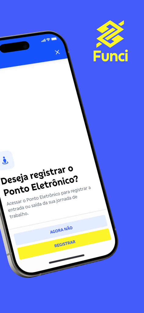 BBFunci 3.0 - BBFunci 3.0 mobile app screen for Banco do Brasil employees showing a prompt to register work hours via the electronic time clock.