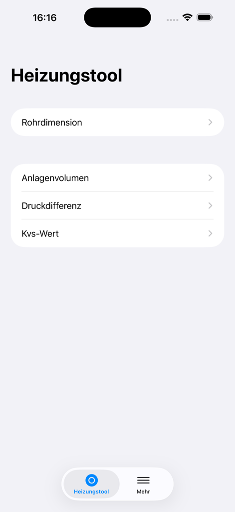 Main menu of the Heizungstool heating calculation app showing options for pipe dimensioning and pressure difference.