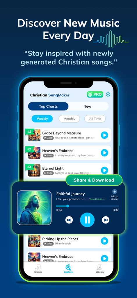 Christian Song Maker: AI Music - The Christian Song Maker app interface showing a list of top charts for AI-generated Christian songs and a music player at the bottom.
