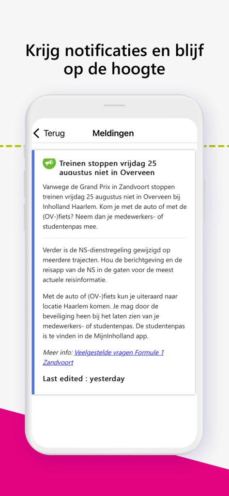 Inholland Iris - Mobile notification screen of the Inholland Iris app displaying campus news and student announcements