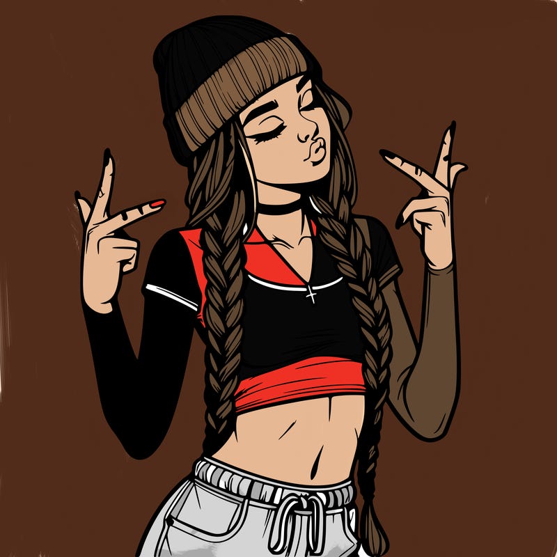 realistic teenage girl with braids and a beanie and crop top doing 🫶🏼