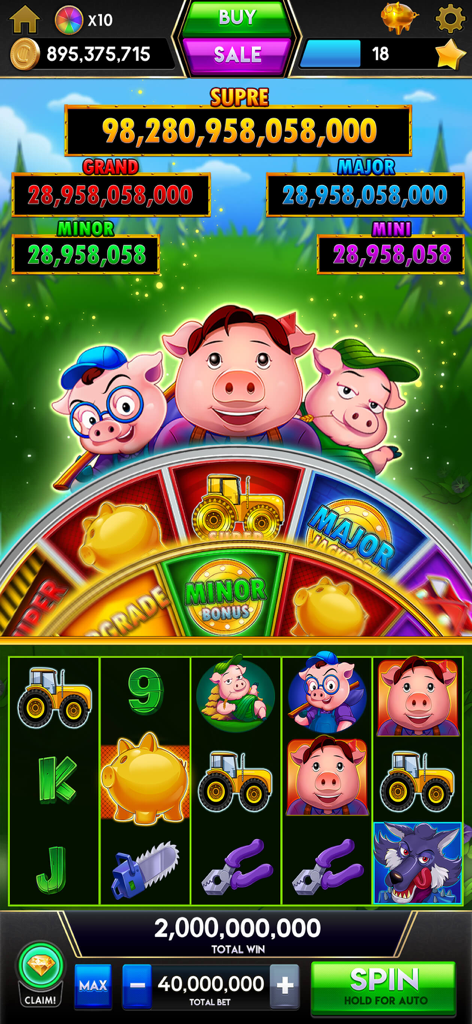 Citizen Jackpot Slots Casino - Écran de jeu Citizen Jackpot Slots Casino présentant un thème de ferme des trois petits cochons et une roue de jackpot