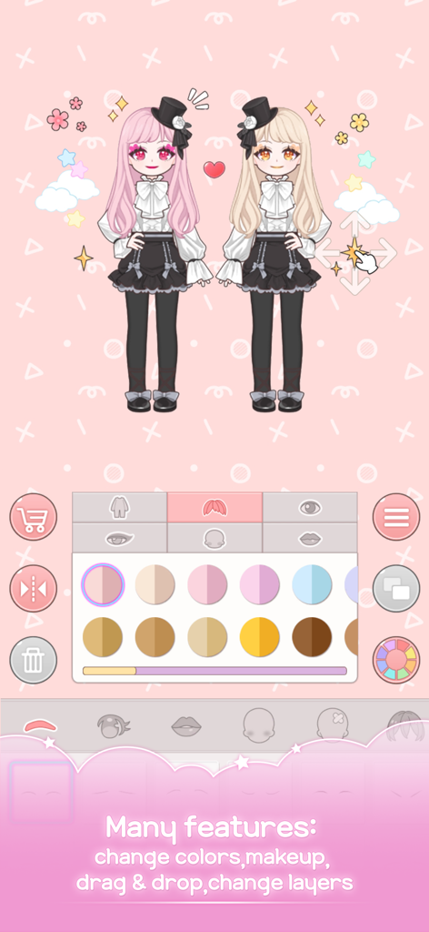 Lily Style - Tela do aplicativo Lily Style mostrando dois avatares de anime personalizados e o menu de seleção de cores