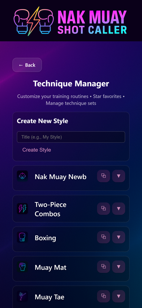 Shot Caller Nak Muay - Pantalla del administrador de técnicas de Shot Caller Nak Muay para personalizar estilos de entrenamiento