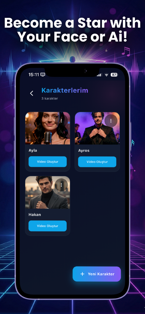 Ayro: AI Music & Create Singer - The Ayro app character creator interface featuring AI generated personas for music videos.
