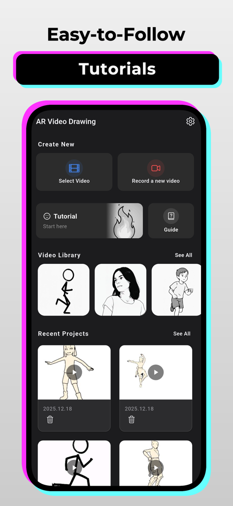AR Video Trace - Interface of the AR Video Trace app showing easy-to-follow tutorials and a library of video animation projects.