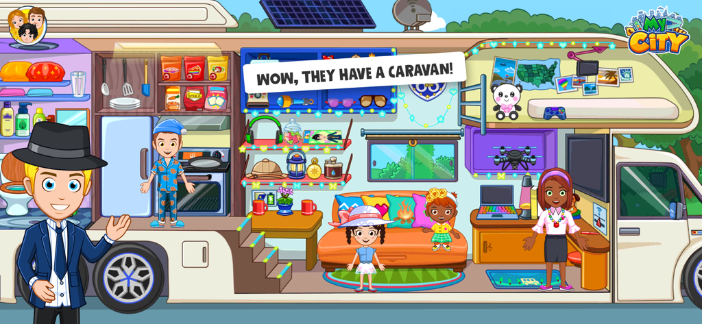 Personajes interactuando dentro de una caravana detallada y colorida en el juego Mi Ciudad La Casa de Ensueño de los Amigos