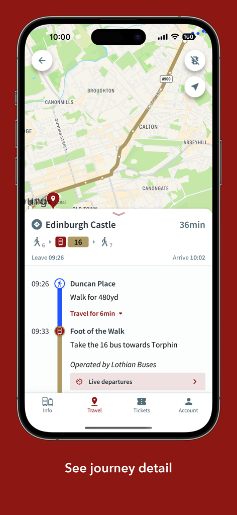 Captura de pantalla de la aplicación Bus and Tram que muestra los detalles del viaje al Castillo de Edimburgo con mapa y direcciones