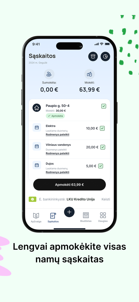 Viena sąskaita - Pantalla móvil de la aplicación Viena saskaita que muestra una lista de facturas de servicios públicos del hogar para electricidad, agua y gas con un botón de pago total.