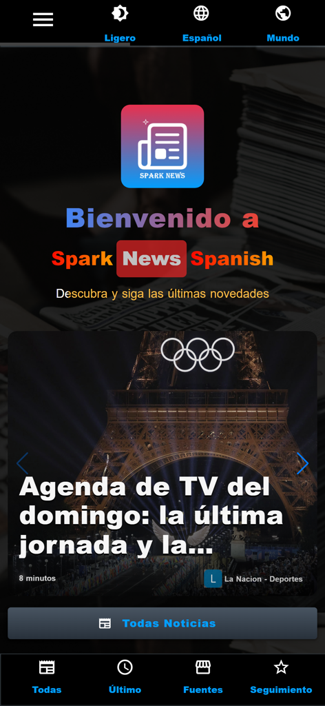 Spark News: Breaking Now - Spark News mobile app welcome screen in Spanish featuring Olympic news coverage.
