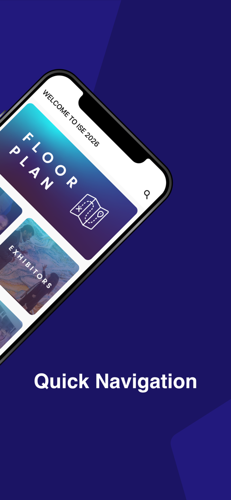 Integrated Systems Europe 2026 - Écran de l'application Integrated Systems Europe 2026 affichant les options de navigation rapide pour le plan du salon et les exposants.