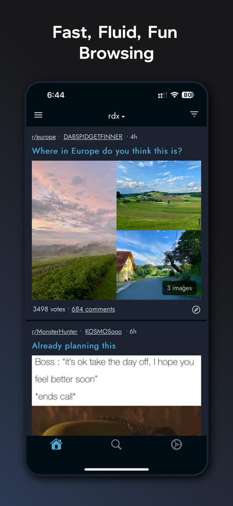 rdx for Reddit - rdx for Reddit app interface showing a dark themed feed with posts and images