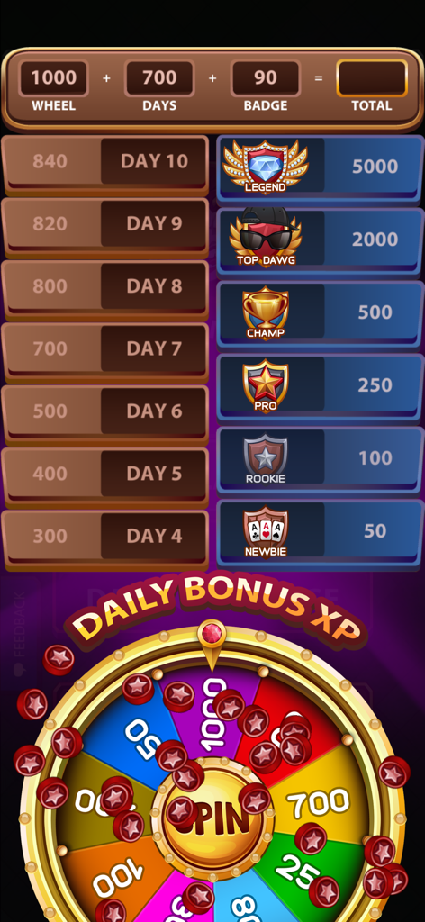 Spite and Malice Card Game - Schermata dei premi bonus giornalieri in Spite and Malice card game con una ruota dei premi e distintivi di successo