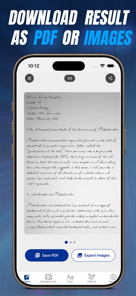 CursiveAI: Text to Handwriting - CursiveAI app interface showing a handwritten biology assignment with buttons to save as PDF or export as images.
